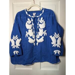 Chico's Embroidered Tie Neck Peasant Top Size 2 US 12/14 Blue Women's Boho(733)